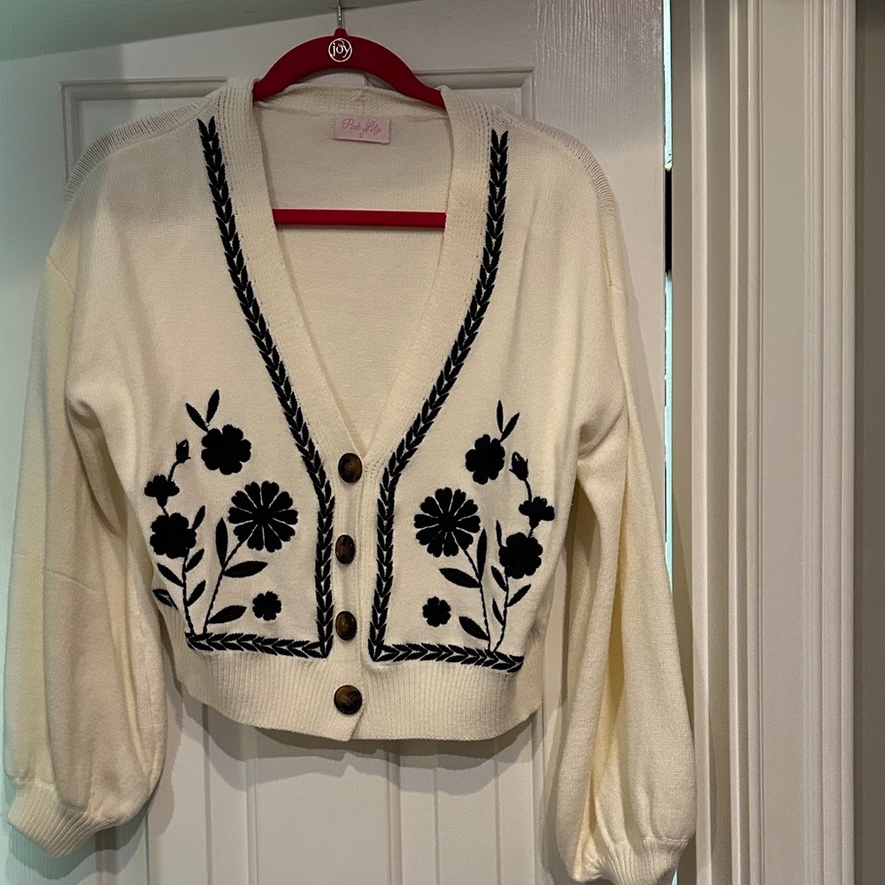 Pink Lily Cream and Black Floral Cardigan